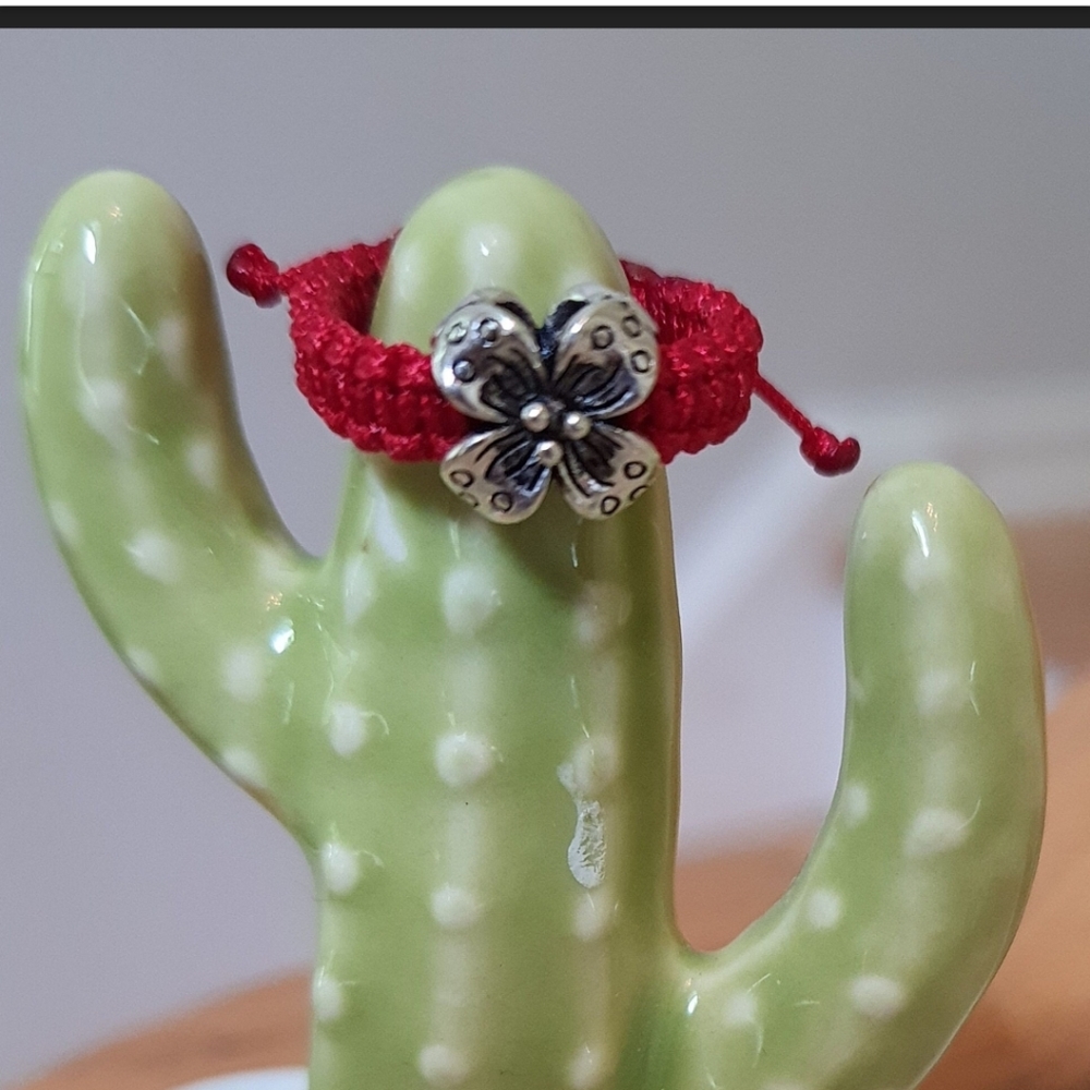 925S Sterling Silver Flower Red String Ring